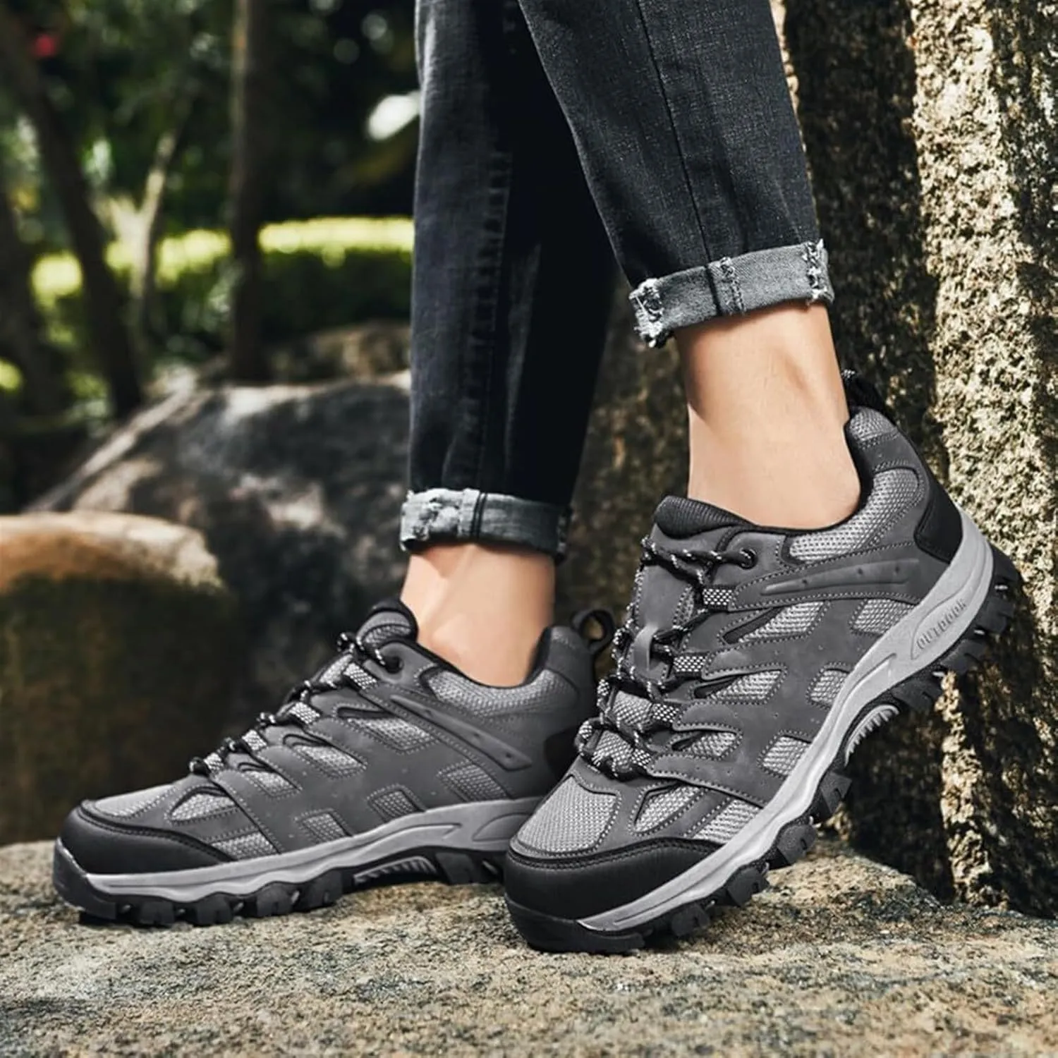 Men's Fashion Waterproof Hiking Shoes Leather Comfortable Lace Up Lightweight Anti Slip Low Tops Outdoor Walking Work Shoes Trail Running for Men