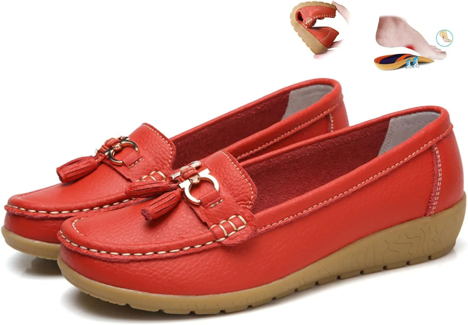 Orthopedic Women Breathable Leather Loafers Slip On Comfortable Walking Shoes for Work Casual Wear with Arch