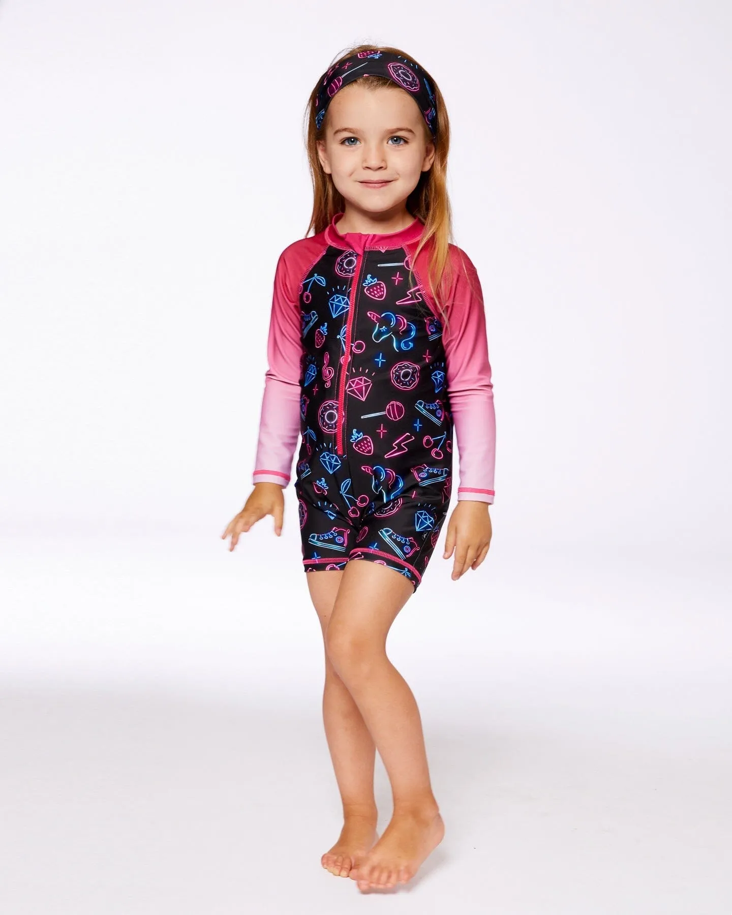 Printed Long Sleeve One-Piece Rashguard Black And Blue And Pink Items