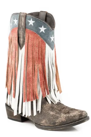 Roper Womens American Beauty Fringe Brown Multi Leather Cowboy Boots