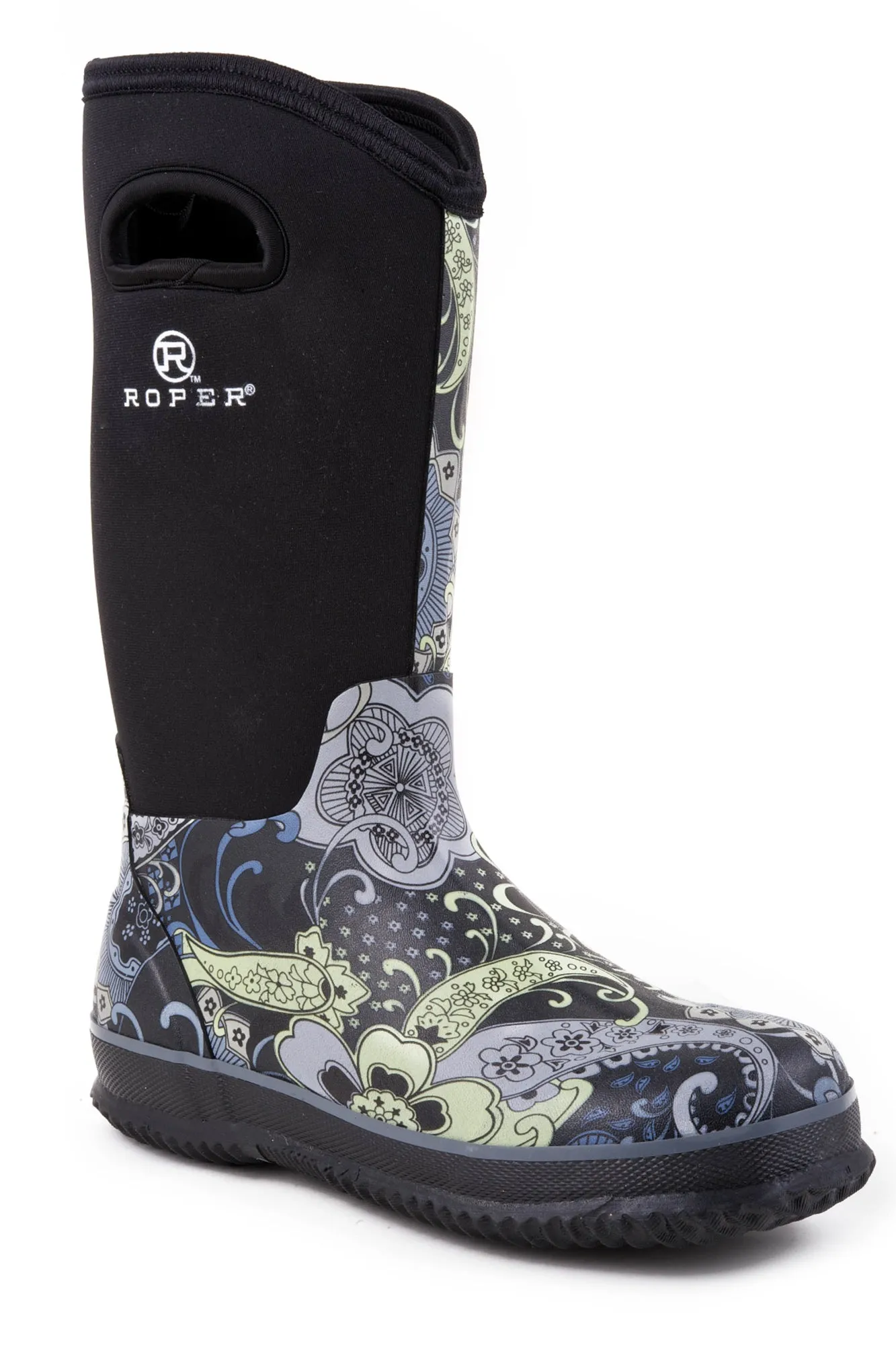 Roper Womens Barnyard Paisley Black/Grey Neoprene Work Boots