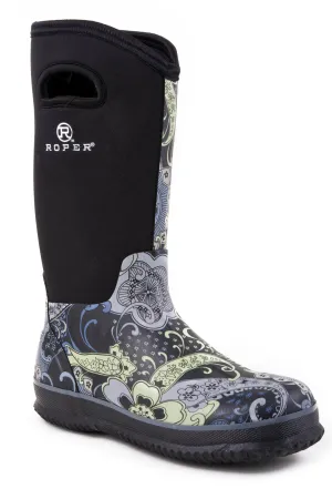 Roper Womens Barnyard Paisley Black/Grey Neoprene Work Boots