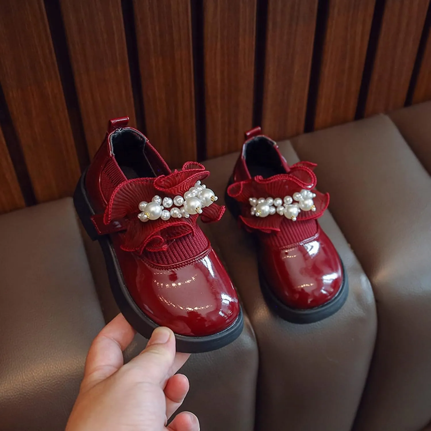 sfdgfhyf 2-12 Years Baby Nonslip Sneaker Girls Low Heel Shoes PU Dress Shoes Casual Shoes for Wedding Warm (Wine, 2.5-3 Years)