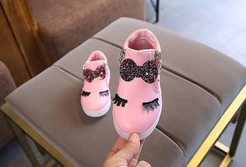 Side Zipper Bow Glitter Light Up Sneakers for Toddler Boys Kids Baby Infant Non Slip Leather Sport Shoes First Walking