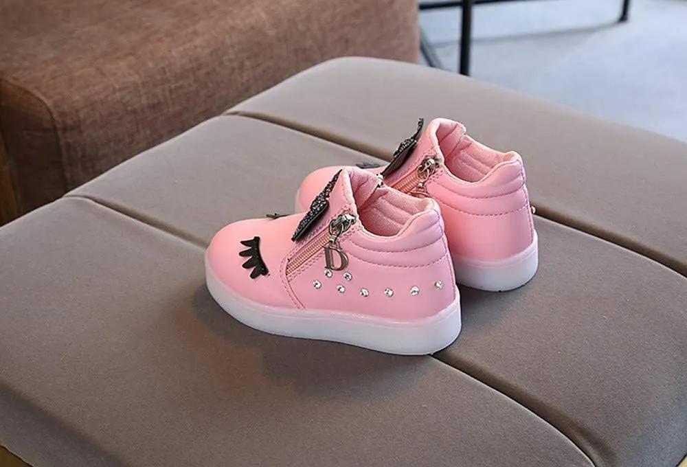 Side Zipper Bow Glitter Light Up Sneakers for Toddler Boys Kids Baby Infant Non Slip Leather Sport Shoes First Walking