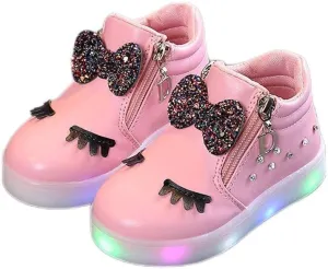 Side Zipper Bow Glitter Light Up Sneakers for Toddler Boys Kids Baby Infant Non Slip Leather Sport Shoes First Walking