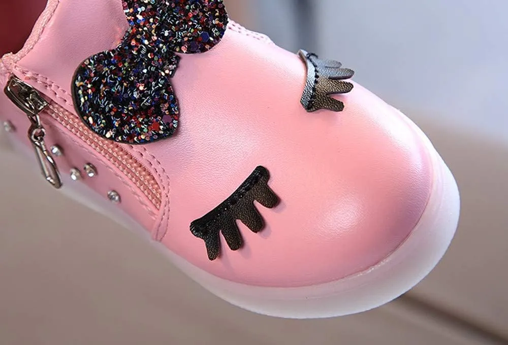 Side Zipper Bow Glitter Light Up Sneakers for Toddler Boys Kids Baby Infant Non Slip Leather Sport Shoes First Walking