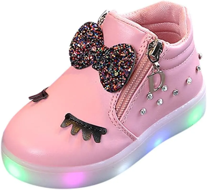 Side Zipper Bow Glitter Light Up Sneakers for Toddler Boys Kids Baby Infant Non Slip Leather Sport Shoes First Walking
