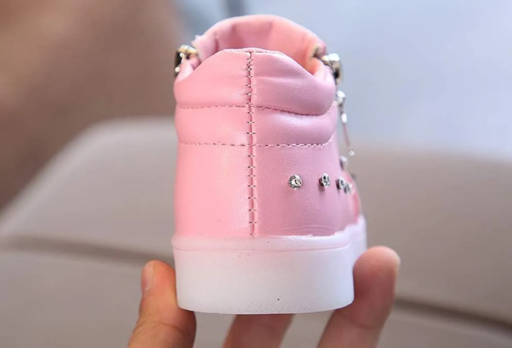 Side Zipper Bow Glitter Light Up Sneakers for Toddler Boys Kids Baby Infant Non Slip Leather Sport Shoes First Walking