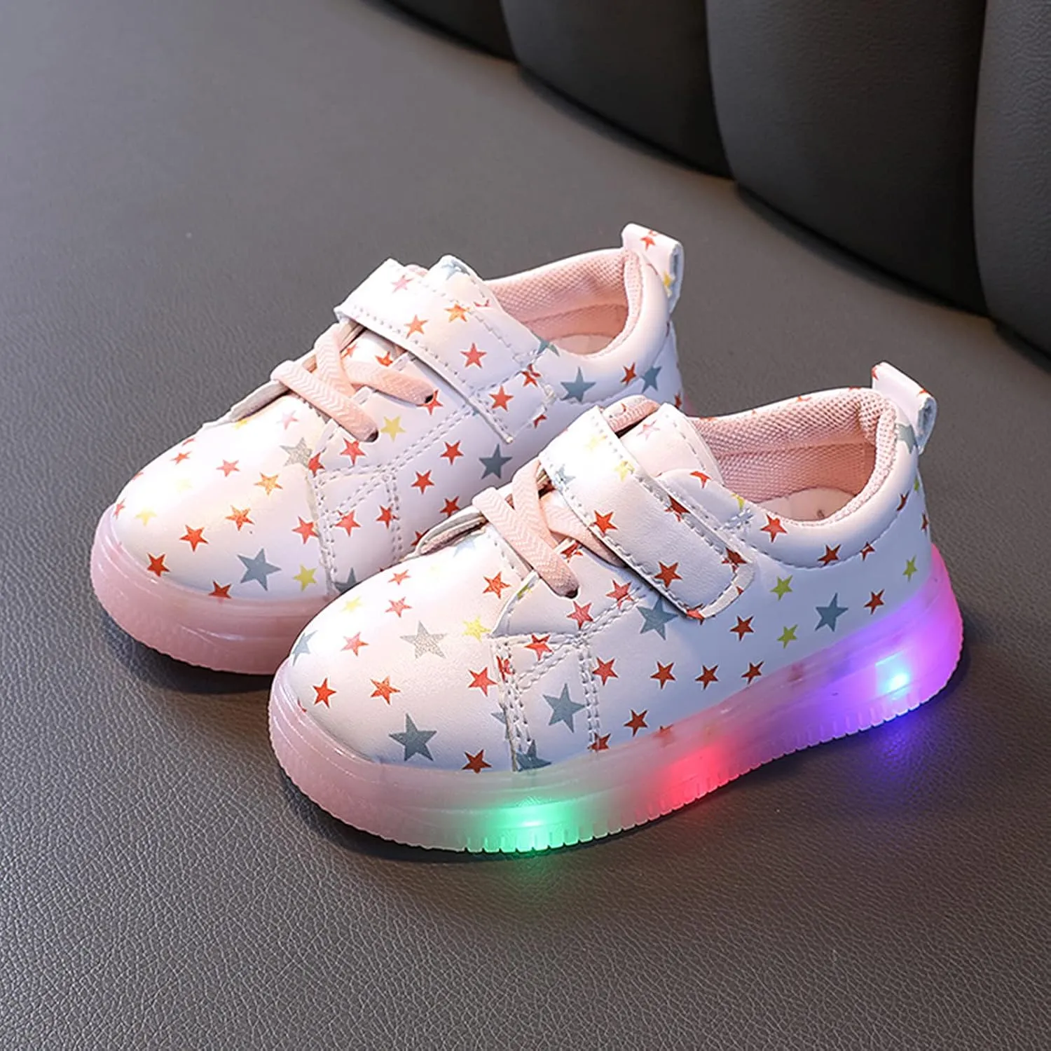 Star Print Lace Strap Light up Sneakers for Toddler Boys Girls Kids Ankle Flat Non Slip First Walking Sport Shoes Casual