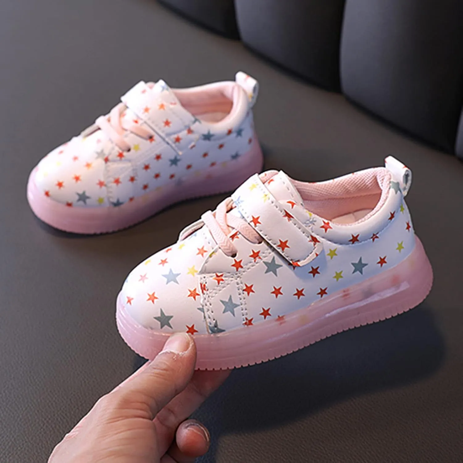 Star Print Lace Strap Light up Sneakers for Toddler Boys Girls Kids Ankle Flat Non Slip First Walking Sport Shoes Casual
