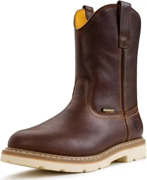 SUREWAY Mens 10 in Soft/Steel Toe Waterproof Wellington Boot,Heavy Duty Pull On Work Boots for Men,Full Grain Leather,Goodyear Welted,Superior Slip Resistant,Waterproof Steel Toe Dark Brown,Size 8.5