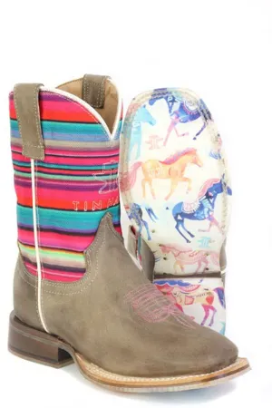 Tin Haul Kids Girls Happy Serape Horses Tan/Multi Leather Cowboy Boots