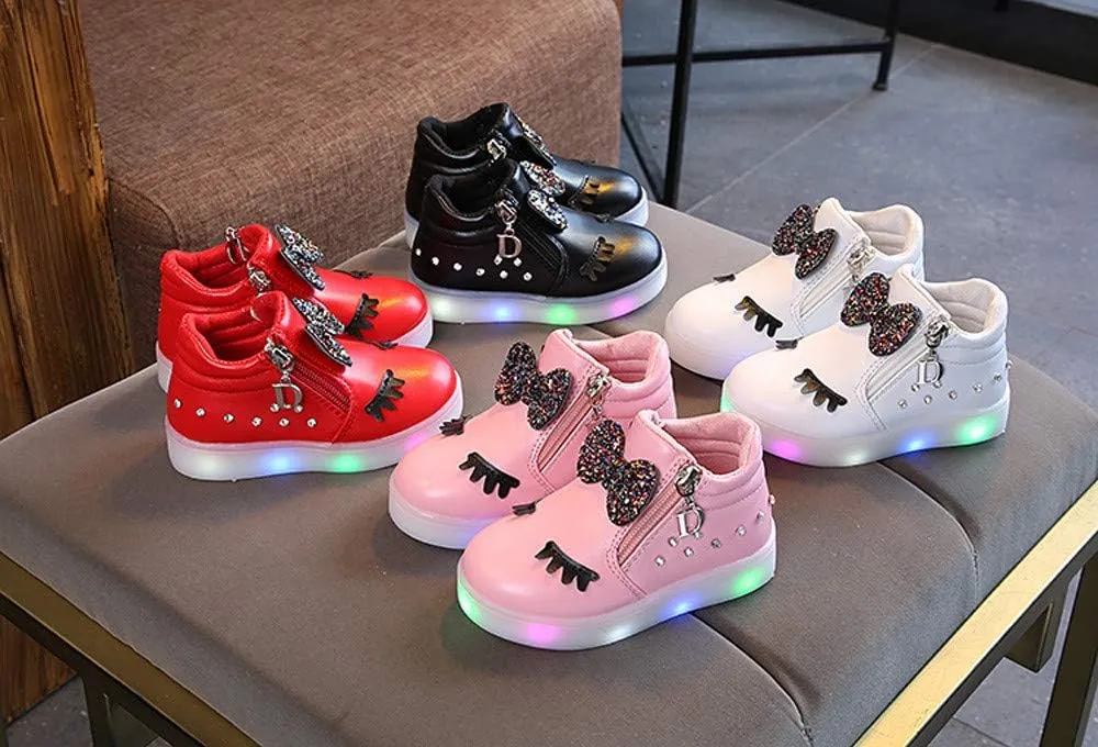 Toddler Girls hinestone Light Up Sneaker High Top Slip On Rubber Bottom Zipper Cute Fashion Toddler Shoes for Girl