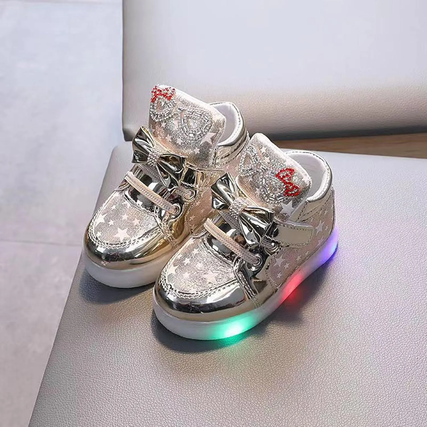Toddler Light Up Sneaker Baby Infant Newborn First Walking Sport Shoes with Bow Girls Boys Led Outdoor Slip On Shoes