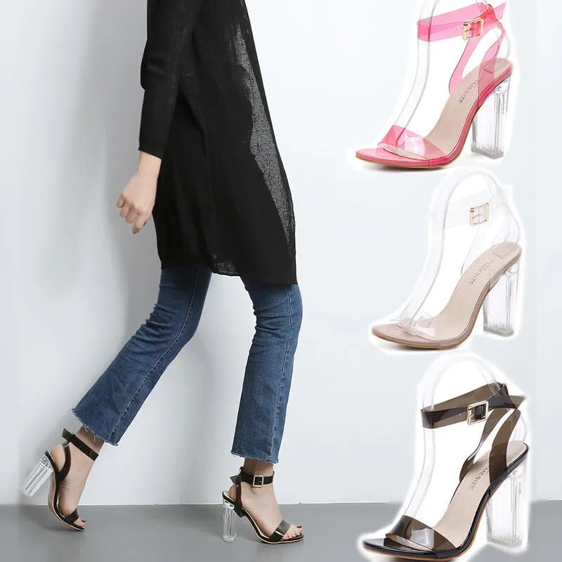 Transparent Chunky Heel Peep-toe Ankle Strap Party Sandals