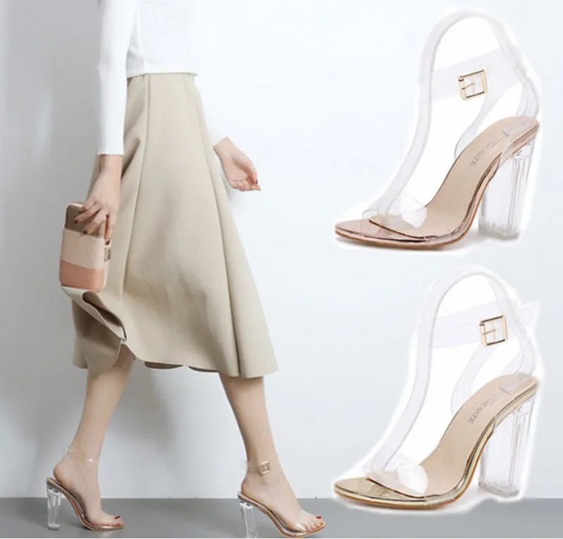 Transparent Chunky Heel Peep-toe Ankle Strap Party Sandals