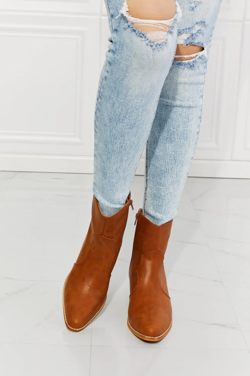 Vegan Leather Western Ankle Boots in Ochre