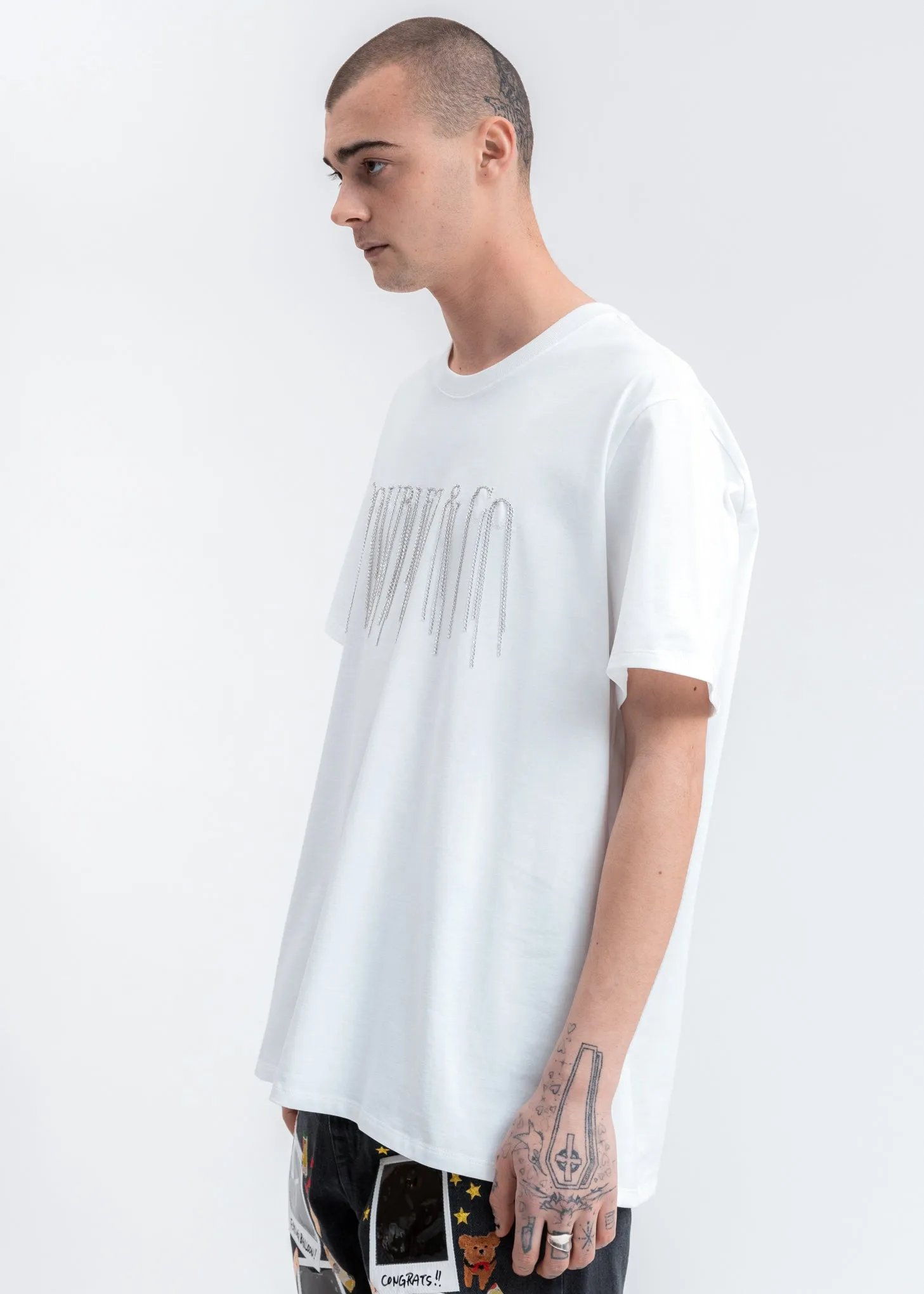 White Chain Fringe Embroidery T-Shirt