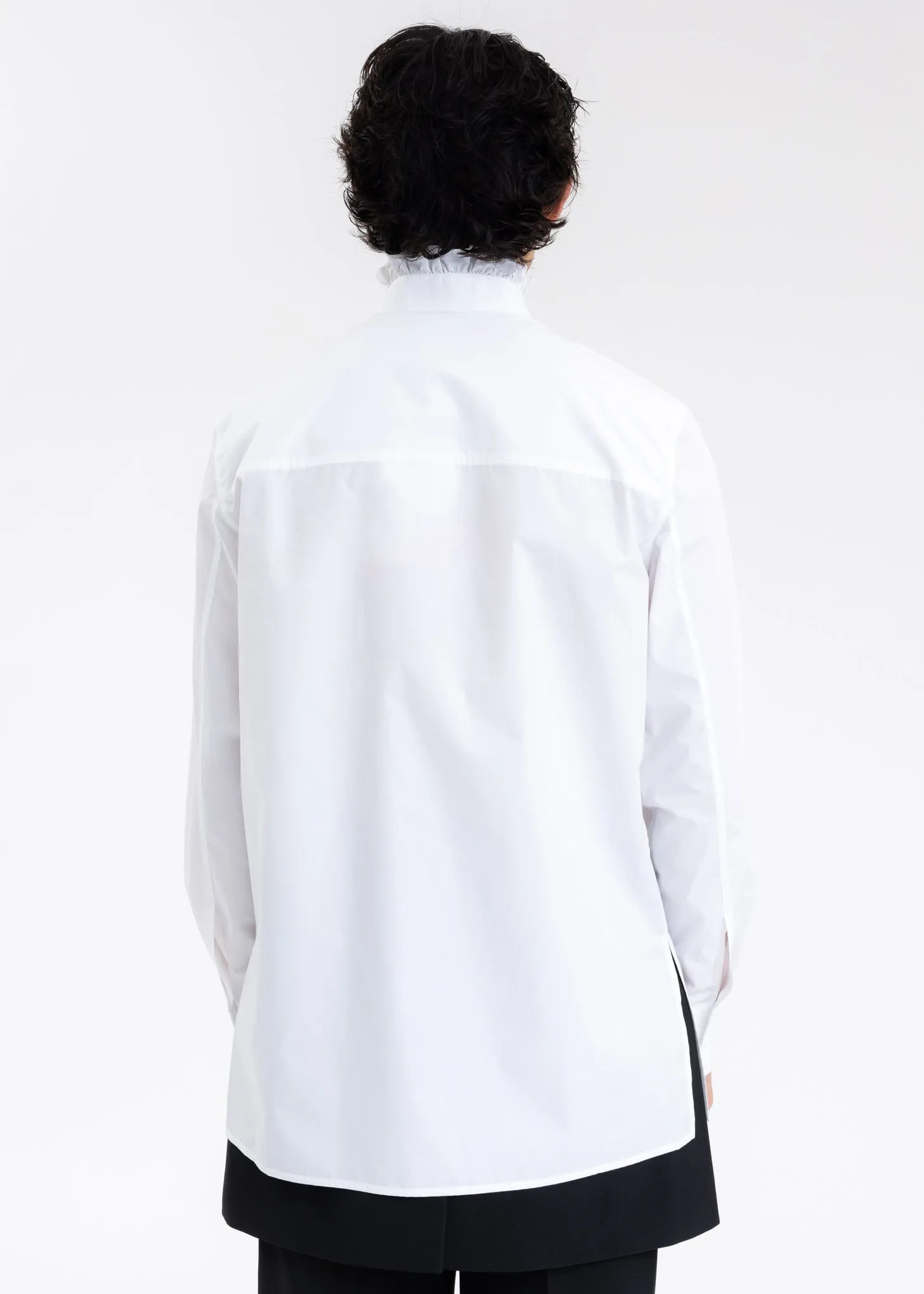 WHITE RUFFLE DETAIL STAND COLLAR SHIRT