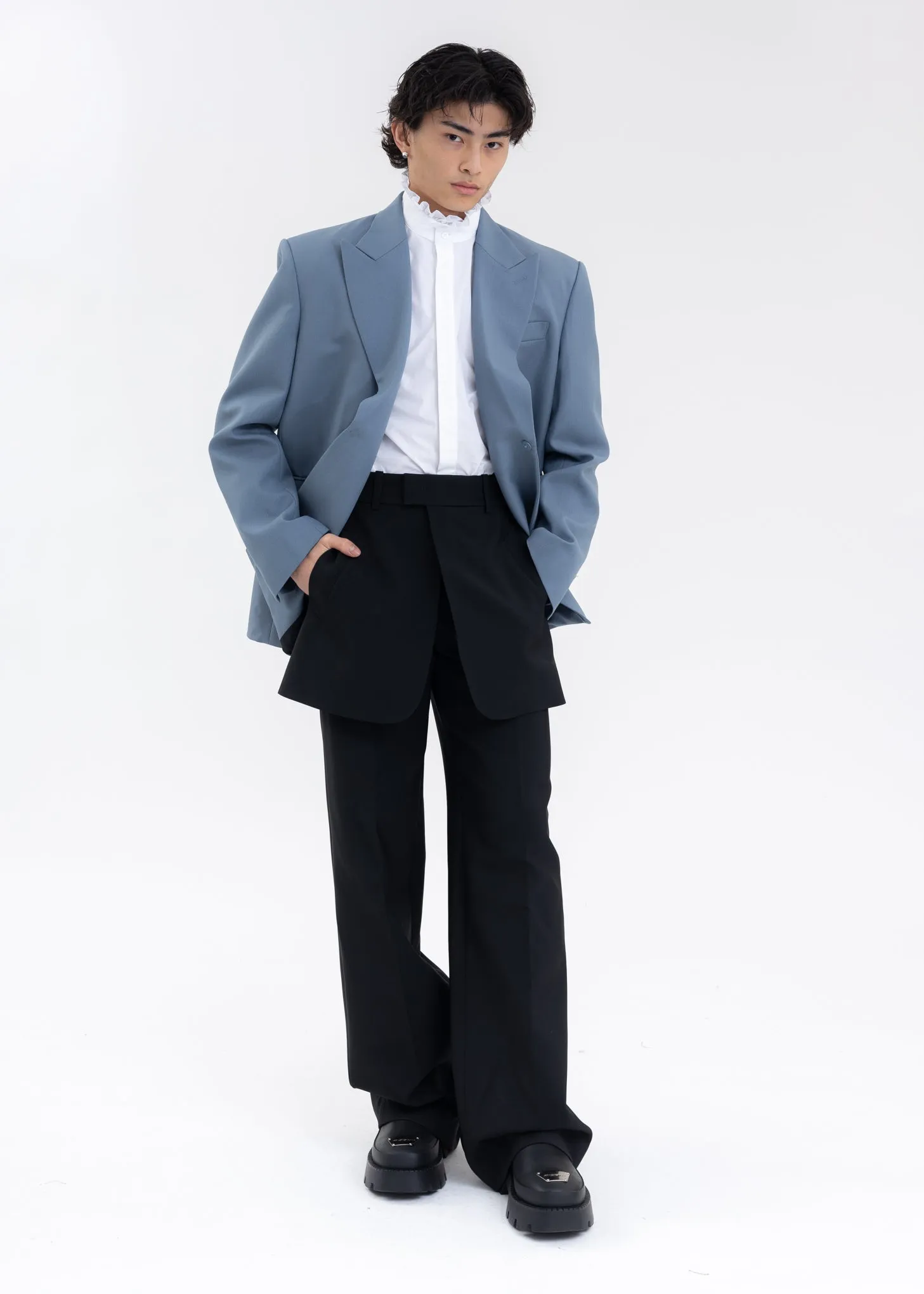 WHITE RUFFLE DETAIL STAND COLLAR SHIRT