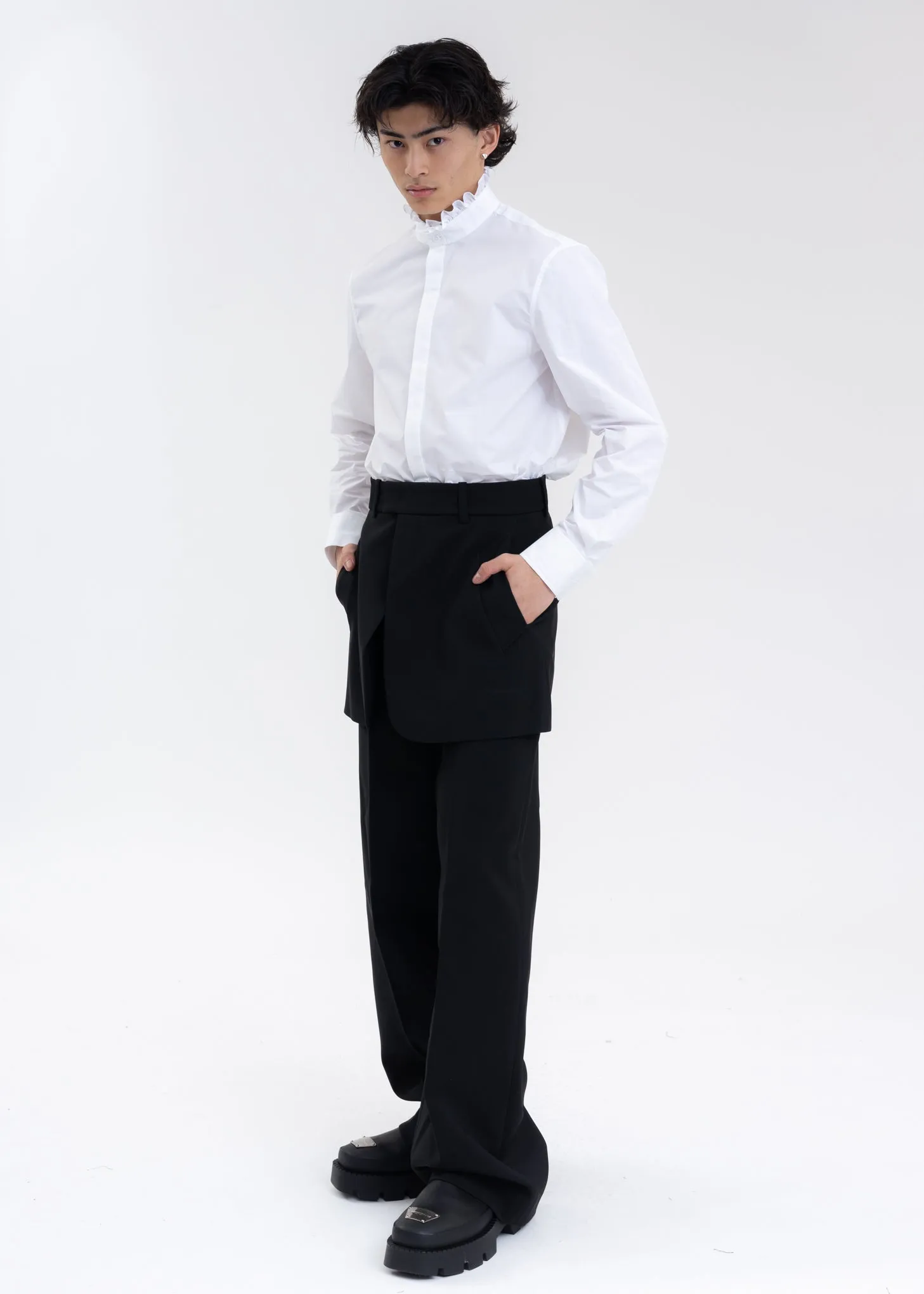 WHITE RUFFLE DETAIL STAND COLLAR SHIRT