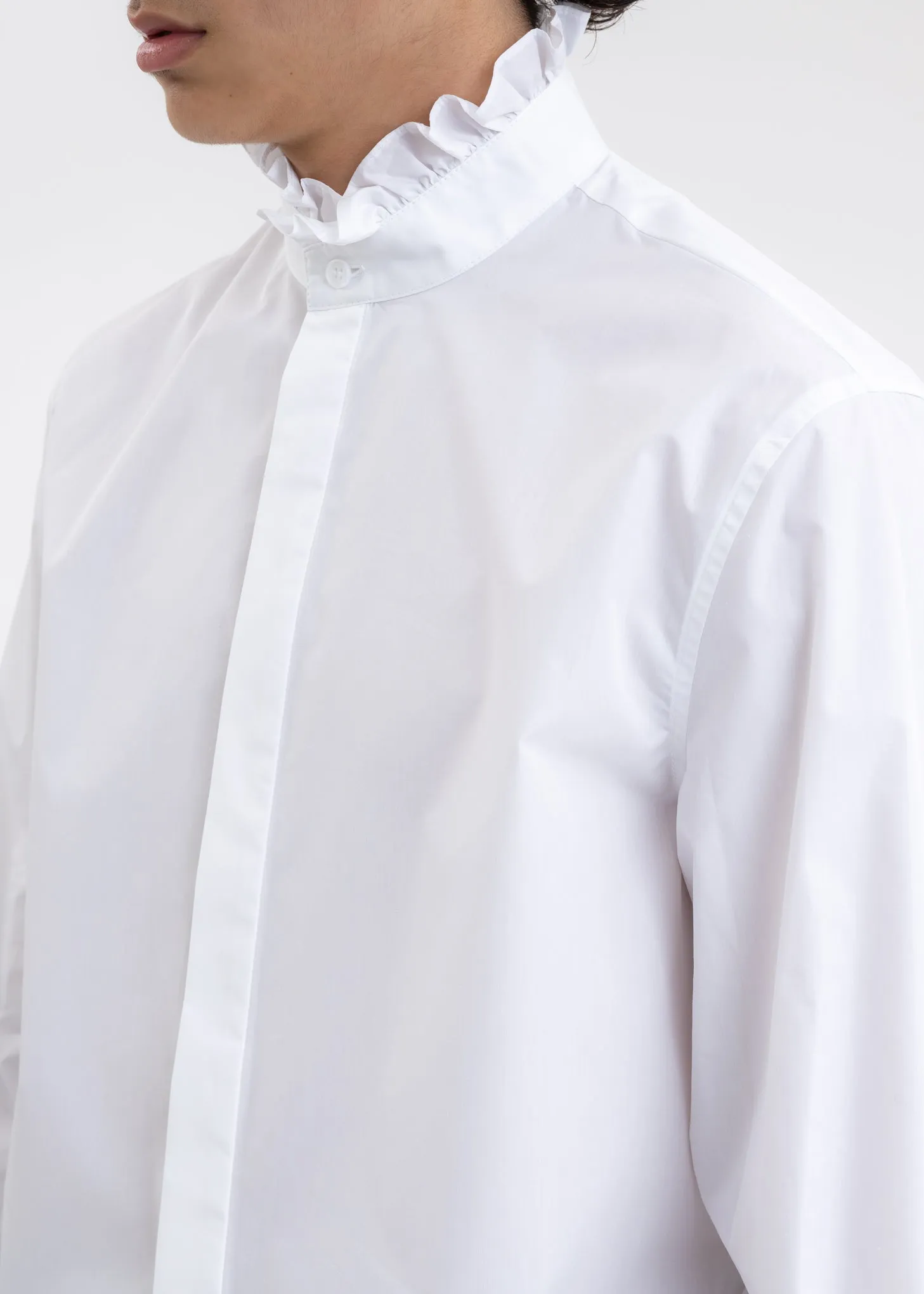 WHITE RUFFLE DETAIL STAND COLLAR SHIRT