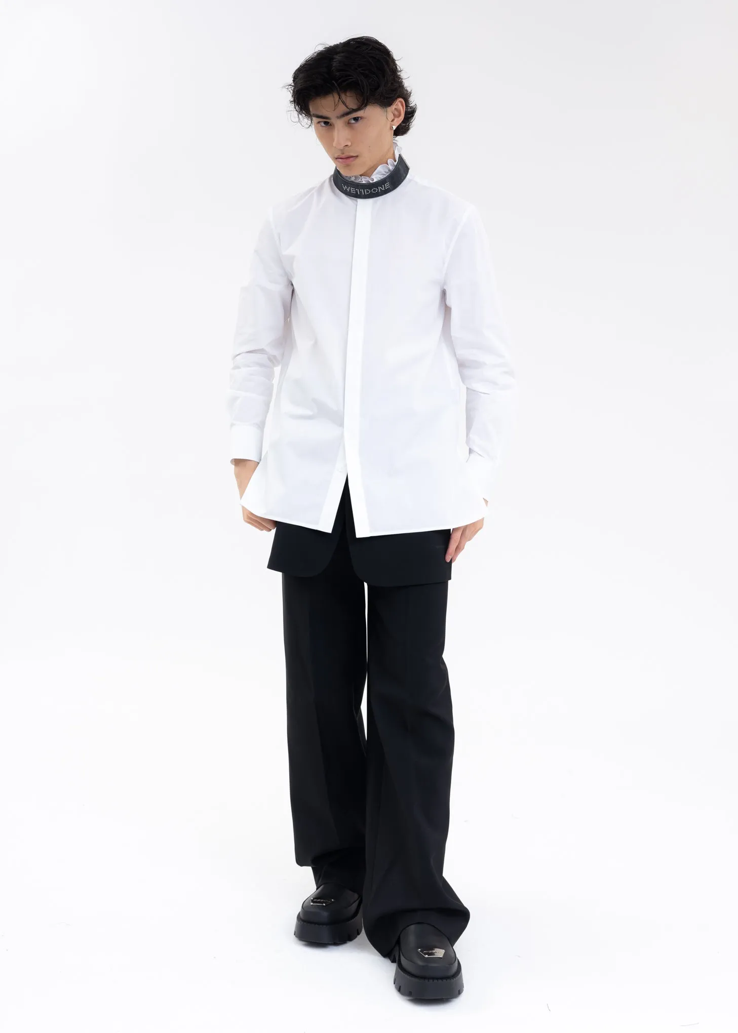 WHITE RUFFLE DETAIL STAND COLLAR SHIRT