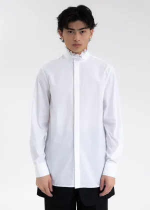 WHITE RUFFLE DETAIL STAND COLLAR SHIRT