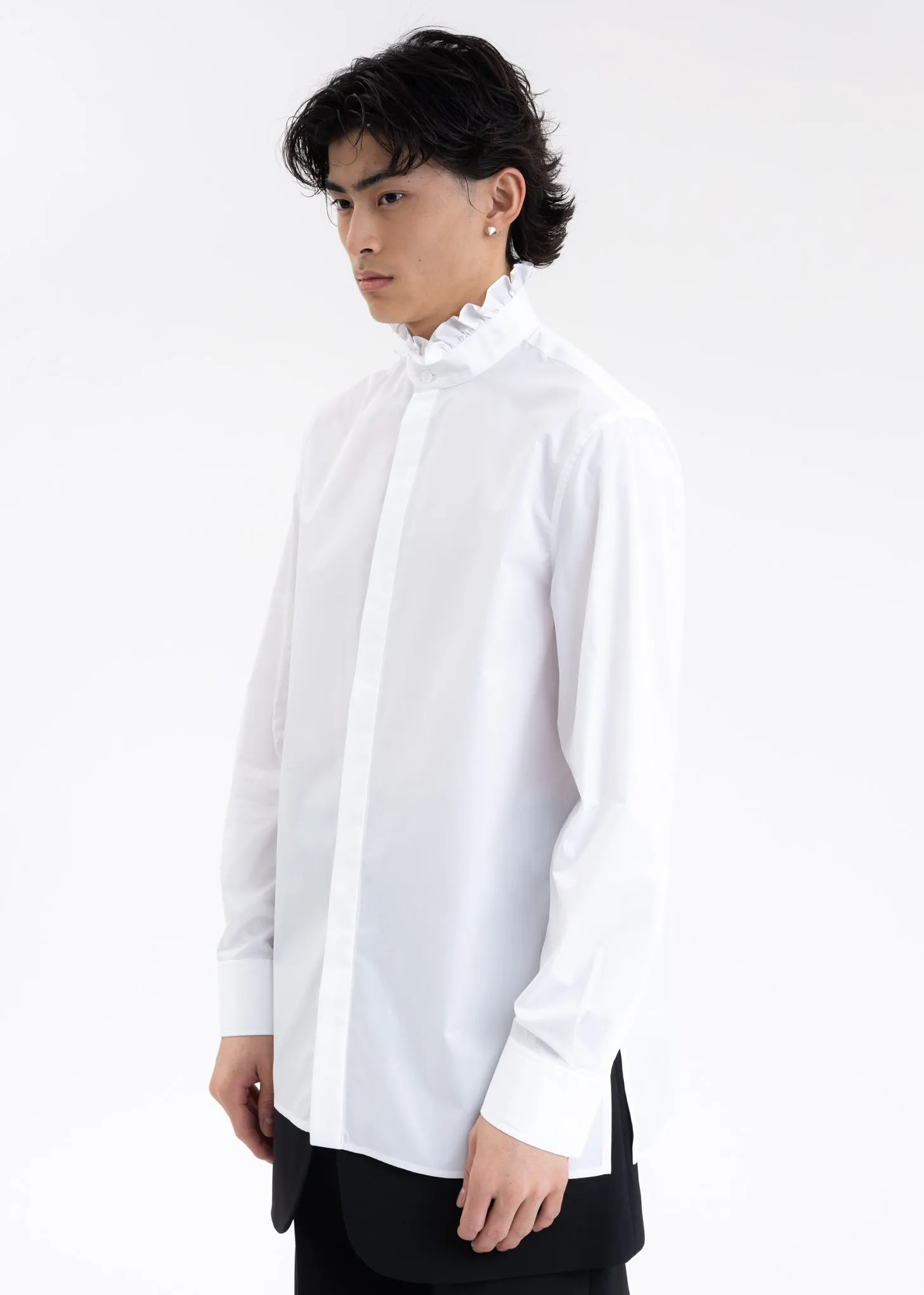 WHITE RUFFLE DETAIL STAND COLLAR SHIRT
