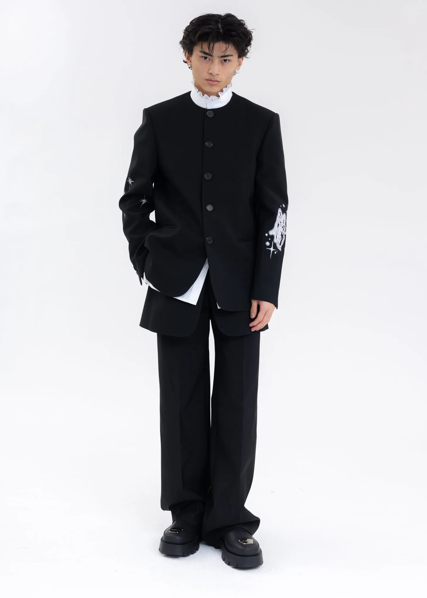 WHITE RUFFLE DETAIL STAND COLLAR SHIRT