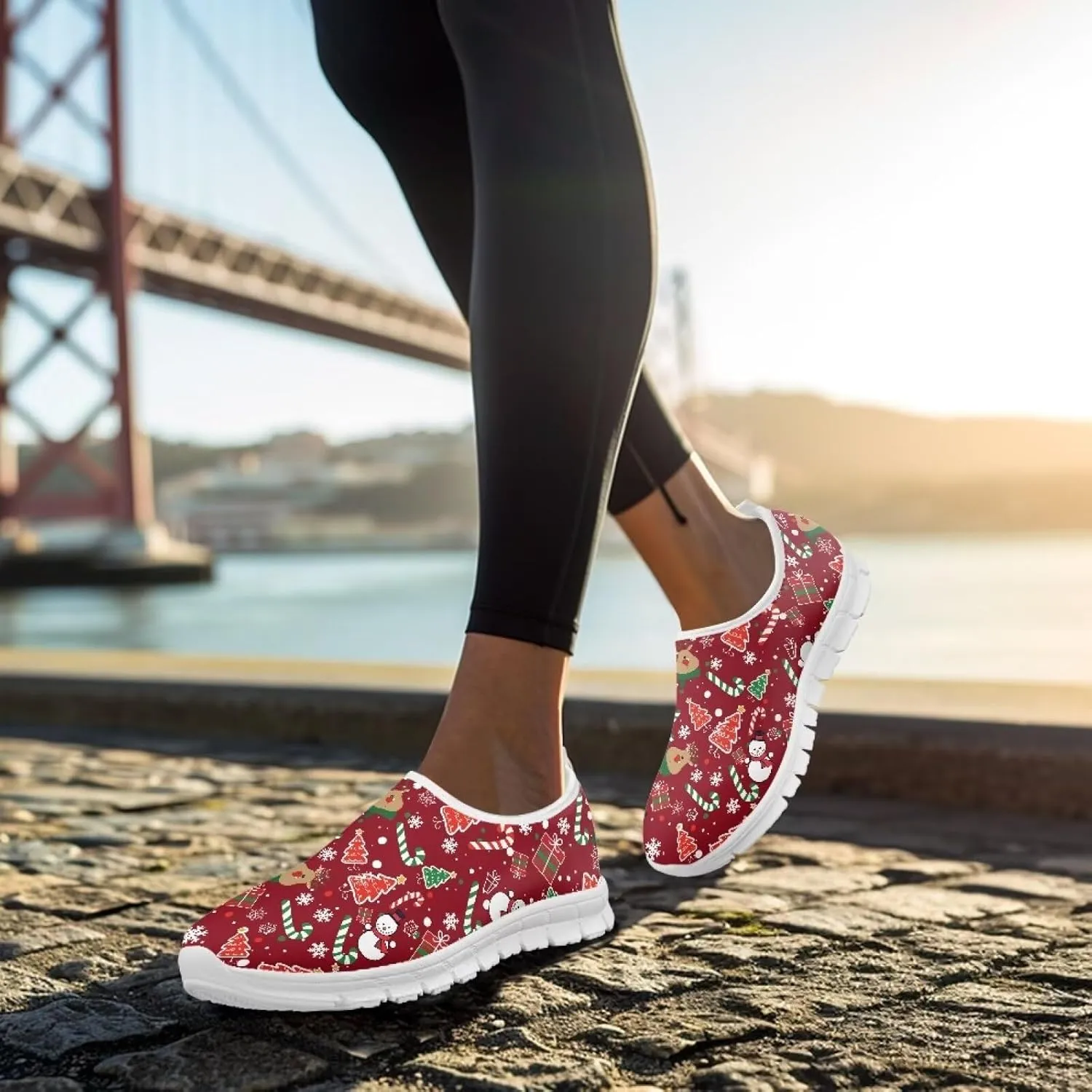 Women's Christmas Sneaker Flat Soft Casual Low-Top Tennis Shoes Slip-On Lightweight Non-Slip Breathable Mesh Outdoor Sport Running Sneaker for Ladies US 5.5-11.5