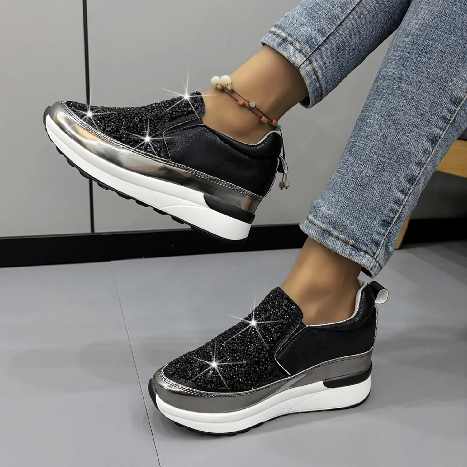 Women's Fashion Workout Shoes High Heel Wedge Sneakers for Women Shiny Running Shoe Casual Slip on Jogging Sneaker