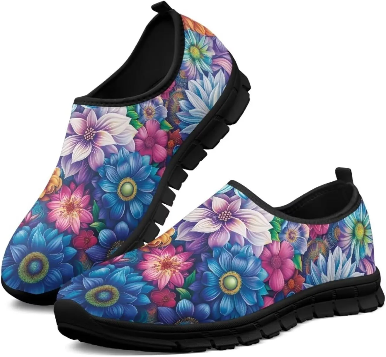 Women's Floral Print Sneaker Casual Cozy Low Top Running Shoes Lightweight Slip On Anti-Skid Workout Walking Sneaker for Teen Girls US 5.5-11.5