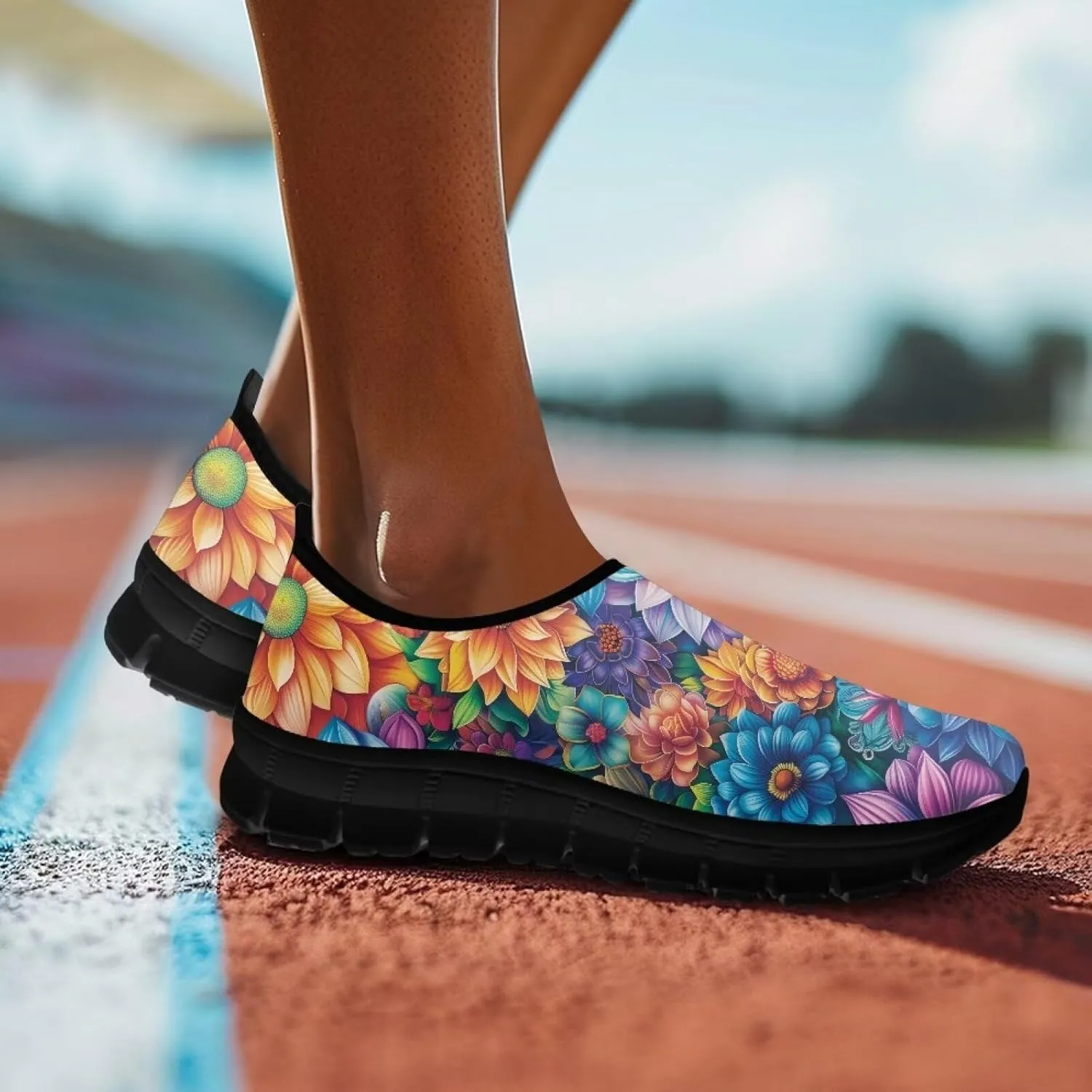 Women's Floral Print Sneaker Casual Cozy Low Top Running Shoes Lightweight Slip On Anti-Skid Workout Walking Sneaker for Teen Girls US 5.5-11.5