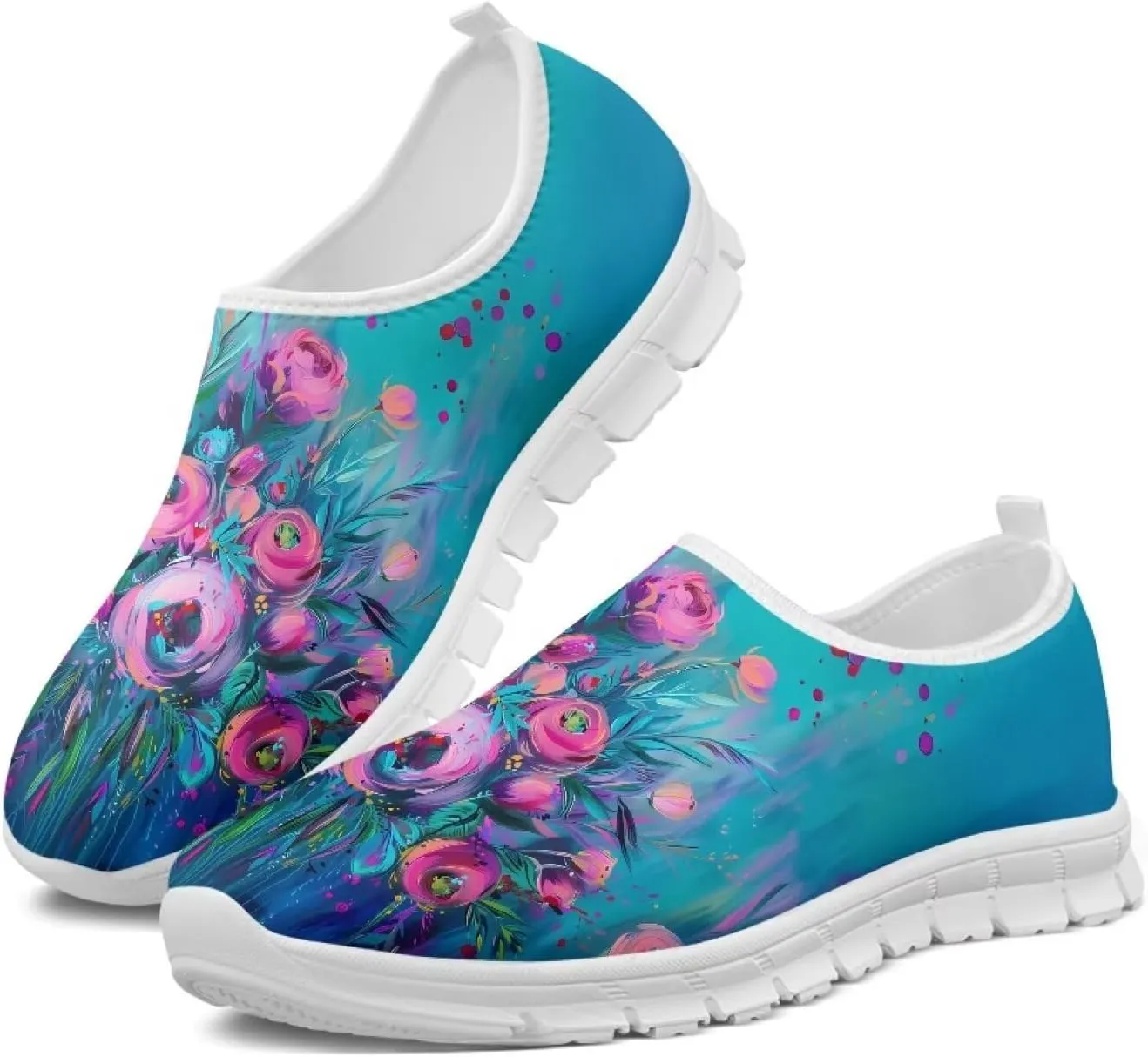 Women's Floral Print Sneaker Casual Low Top Soft Running Shoes Slip On Non Slip Lightweight Outdoor Walking Sneaker for Ladies US 5.5-11.5