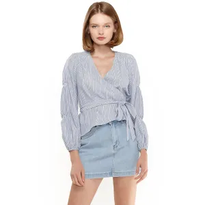 Women's Smocked Sleeve Stripe Wrap Blouse in Blue
