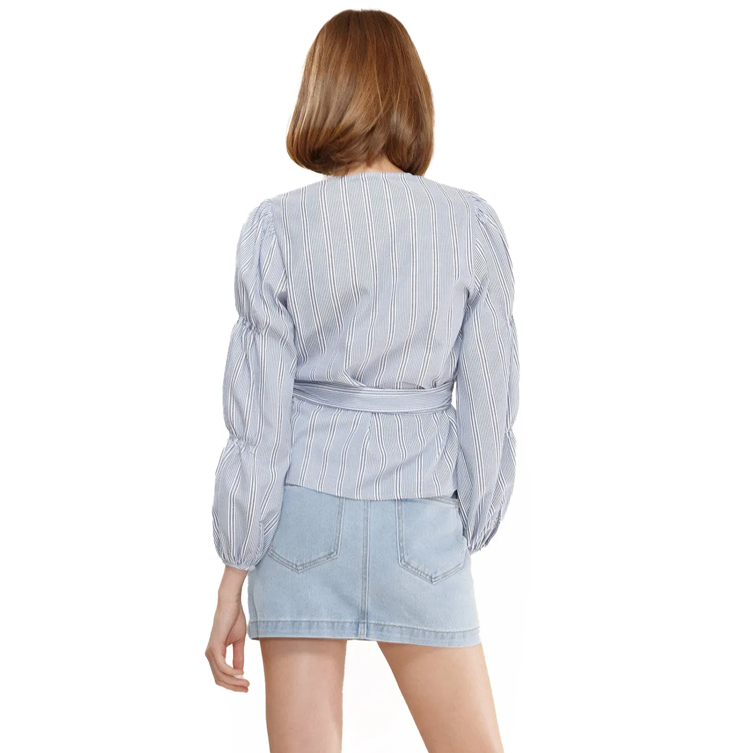 Women's Smocked Sleeve Stripe Wrap Blouse in Blue