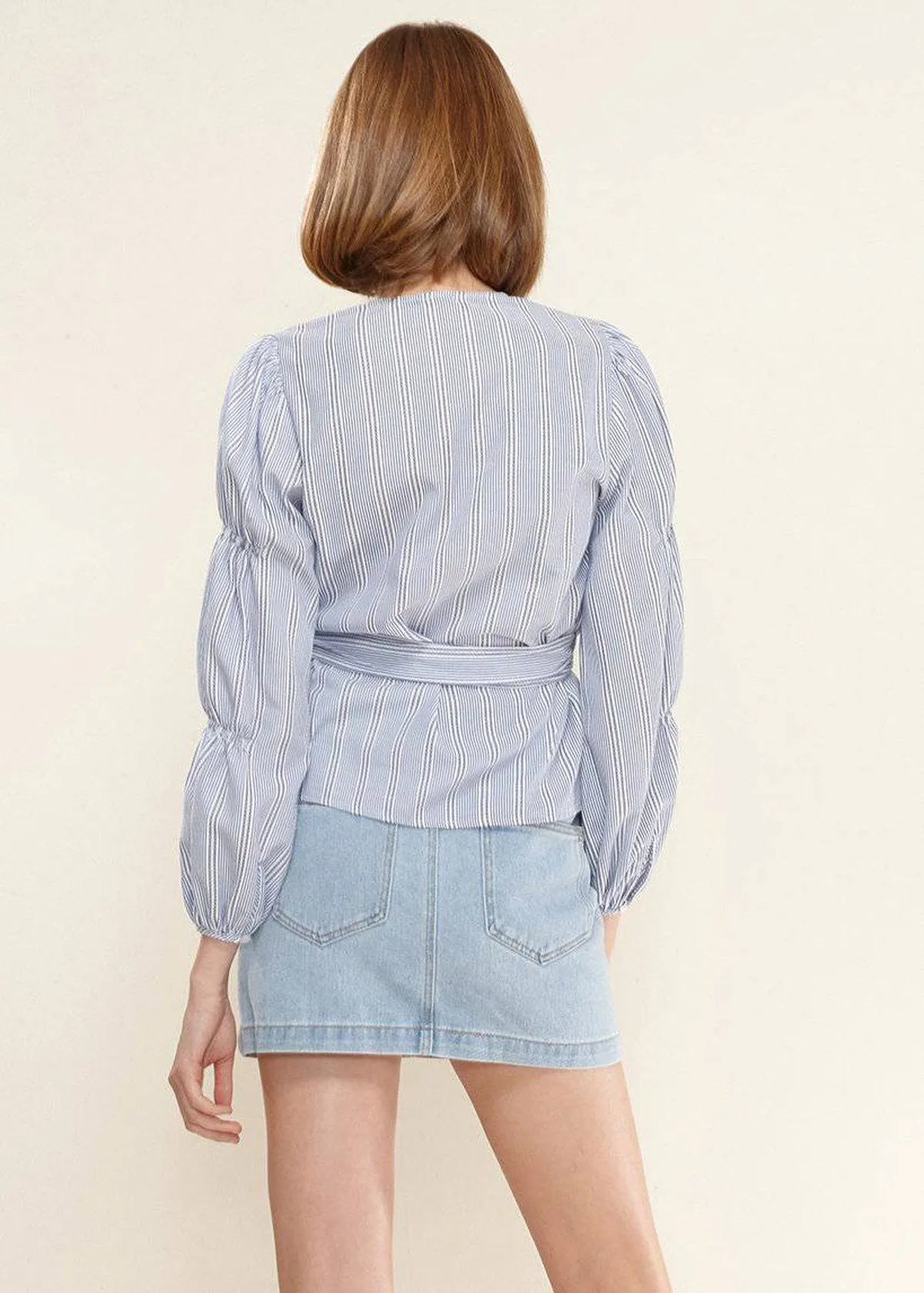 Women's Smocked Sleeve Stripe Wrap Blouse in Blue