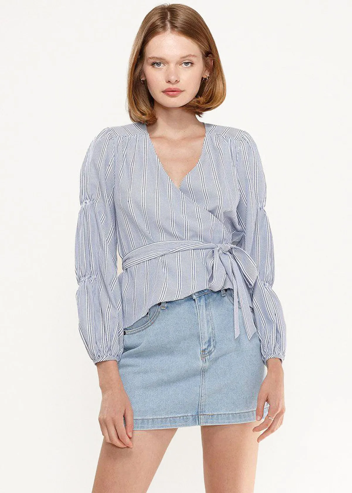 Women's Smocked Sleeve Stripe Wrap Blouse in Blue