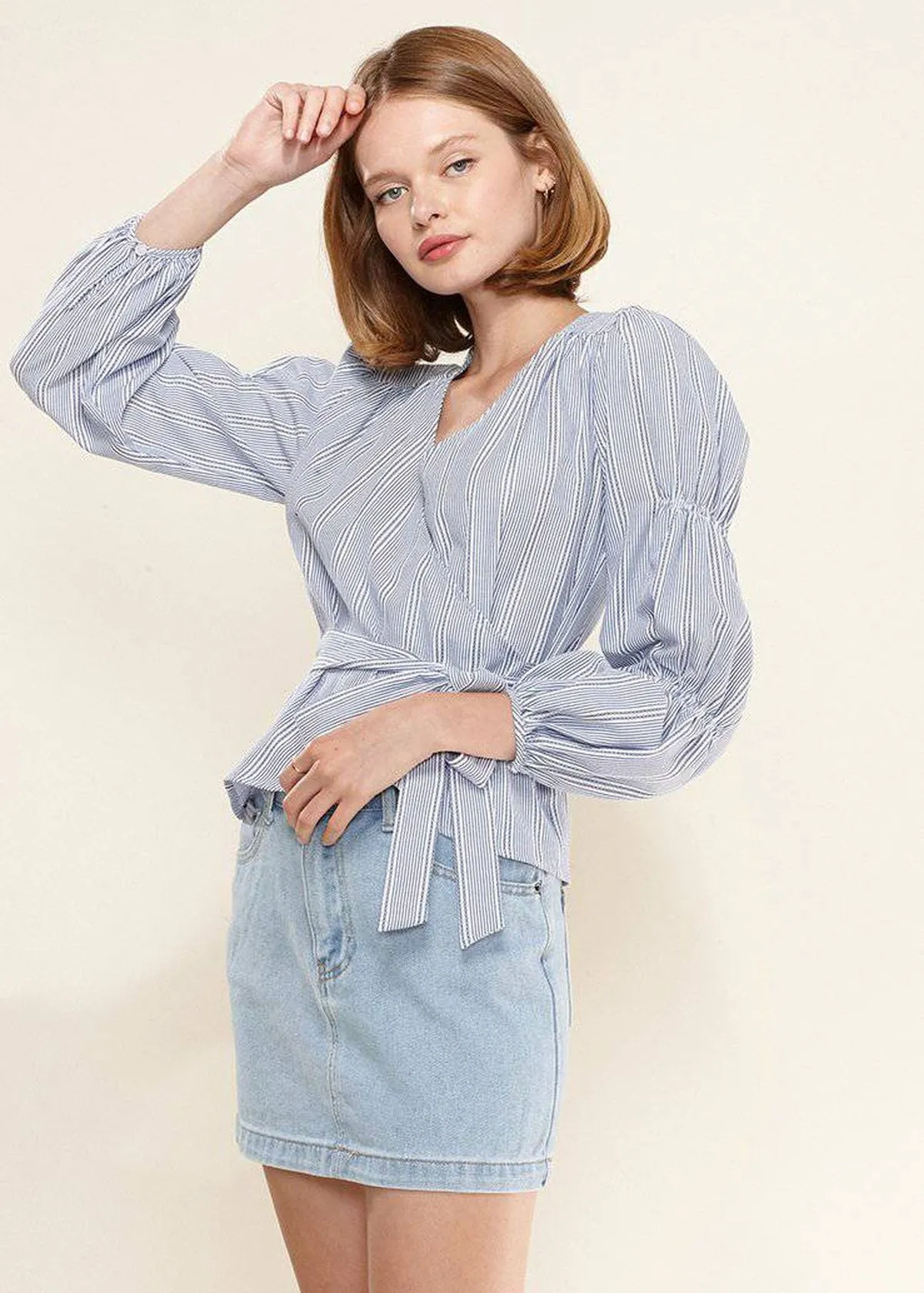 Women's Smocked Sleeve Stripe Wrap Blouse in Blue