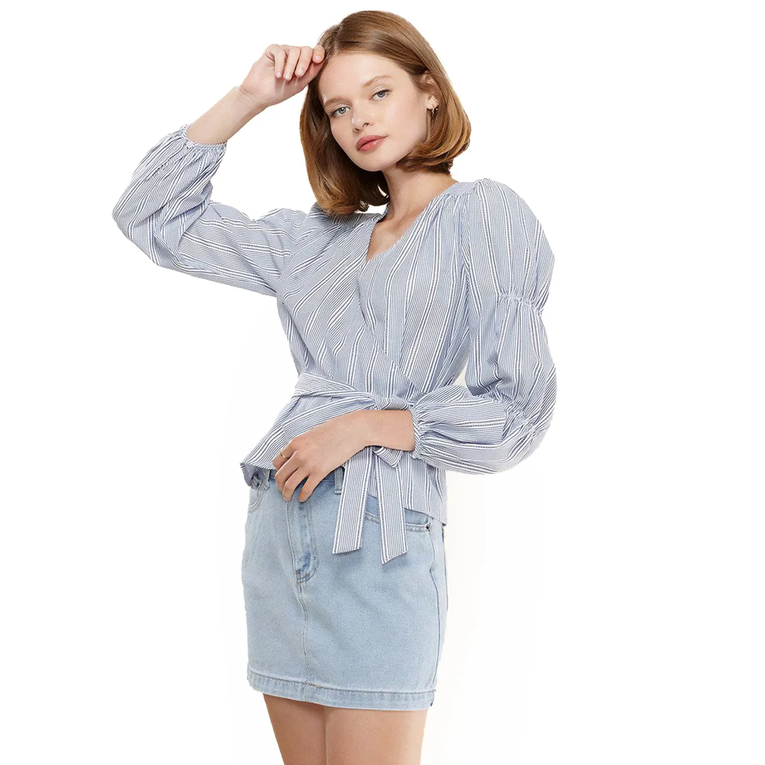 Women's Smocked Sleeve Stripe Wrap Blouse in Blue