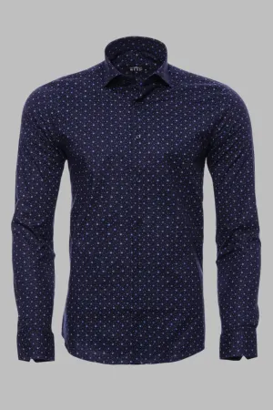 WSS Dot Patterned Long Sleeves Navy Blue Men's Shirt  - Singen