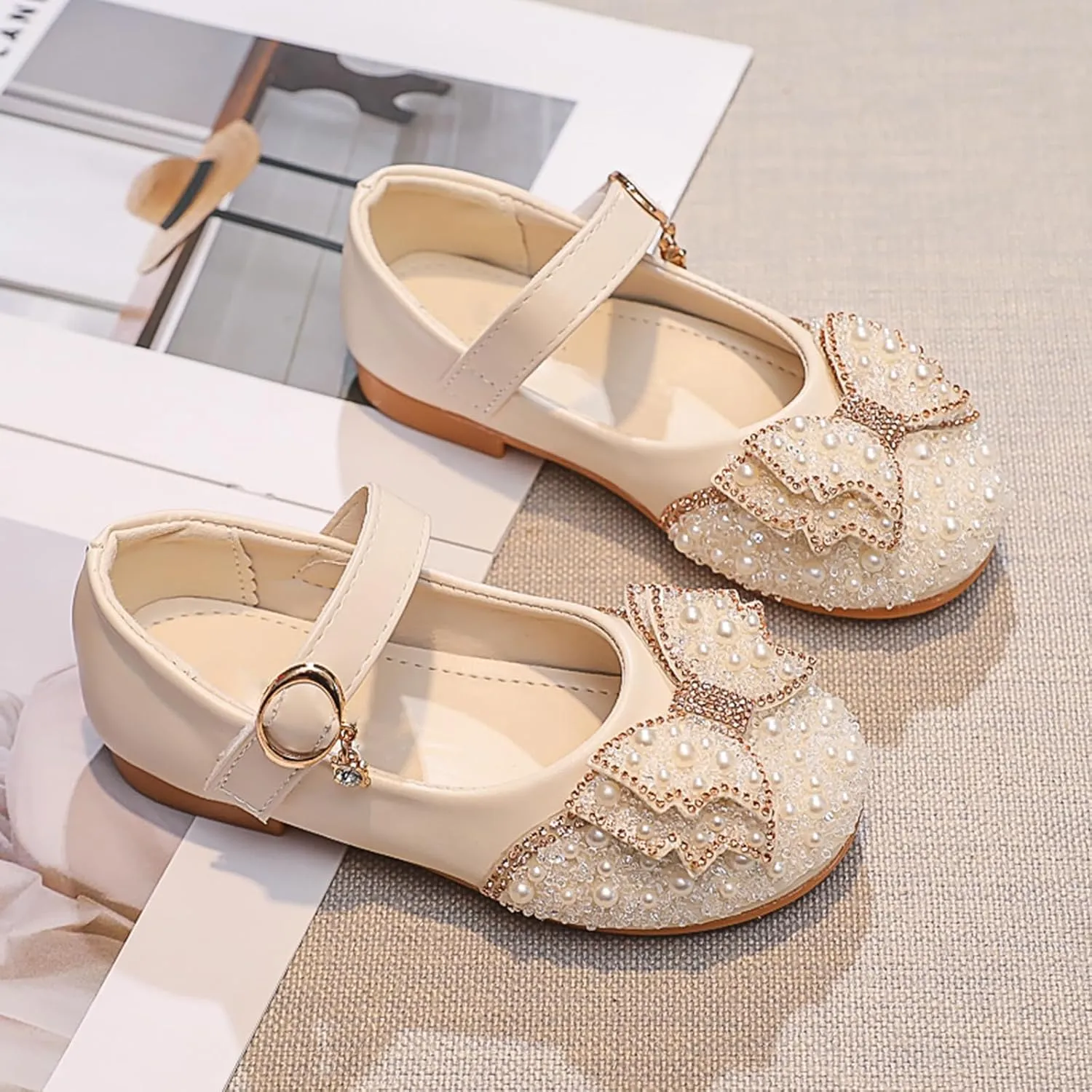 YIBLBOX Toddler Girl Dress Shoes Pearl Mary Jane Ballet Flats Toddler Little Kid Wedding Party Flower Girl Shoes